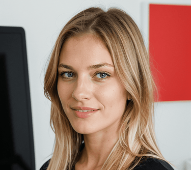 a woman in a black shirt and a computer monitor