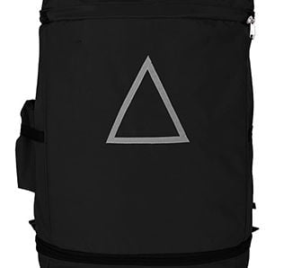 a black delivery bags with triangle silver logo for bikes
