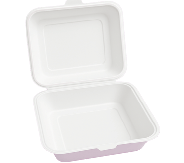 Large 9x9 inch compostable sugarcane clamshell container.