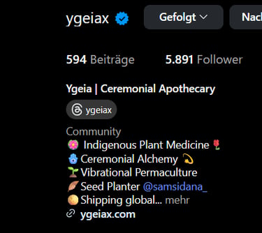 Instagram profile for Ygeia Ceremonial Apothecary featuring indigenous plant medicine and alchemy.
