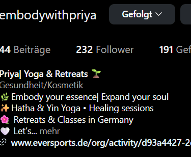 Instagram profile for Priya Yoga and Retreats featuring a meditation photo by the ocean.