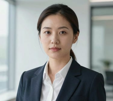 A professional headshot of a woman in business attire. Background is a clean, bright corporate setting with pale frost white walls and glass windows.