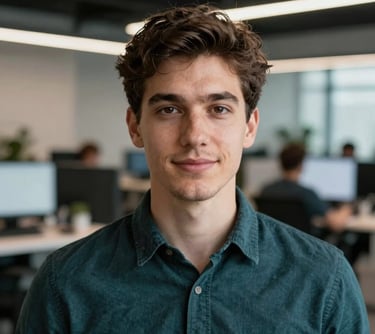 A professional headshot of a young professional man in a modern workspace. Background features blurred elements of a tech-focused logistics office in deep charcoal teal.