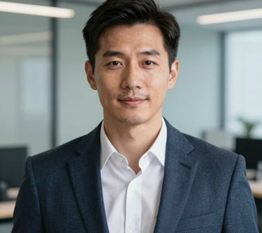 A professional headshot of a man in a smart casual business outfit. Clean, modern office background with soft slate blue tones. Sharp focus and bright lighting.