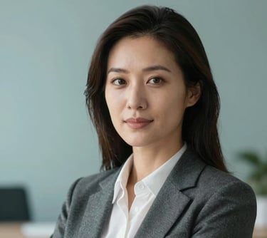 A professional headshot of a woman in a business suit, looking confident and friendly. Minimalist office background with muted ocean teal accents. Professional studio lighting.