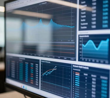 A close-up of a digital screen displaying complex data visualizations in shades of blue and white, with reflections of a modern office environment. Sharp and professional. Global / English-speaking.