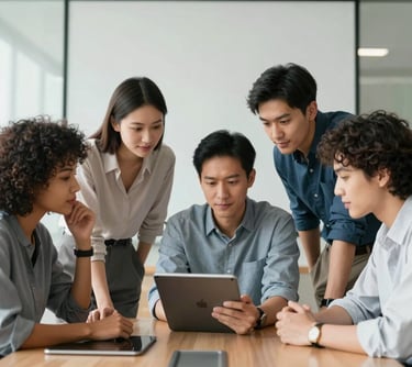 A clean, bright portrait of a diverse team collaborating over a tablet in a well-lit boardroom. The atmosphere is professional and innovative. Global / English-speaking.