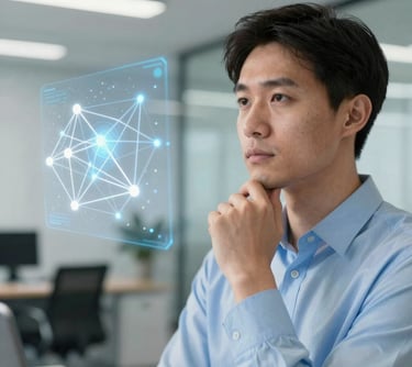 A close-up photograph of a professional person in a light blue shirt looking thoughtfully at a holographic representation of a node network. Soft focus background of a modern office. Global / English-speaking.