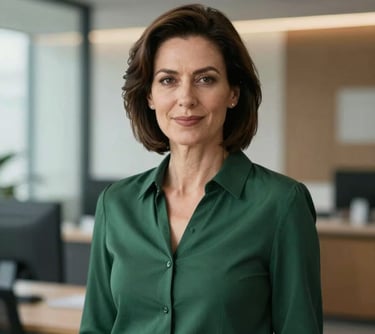 A professional portrait of an elegant female real estate consultant in her 40s, looking friendly and capable, dressed in a tasteful dark forest green blouse, in front of a softly blurred modern office setting, Central European context.