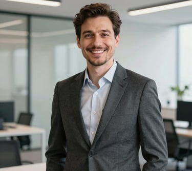 A confident portrait of a male contract specialist in his late 30s with a friendly smile, dressed in a dark grey business suit, with a bright, clean, premium modern agency office in the background, Central European style.