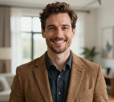 A professional headshot of a friendly and competent male real estate agent in his early 40s wearing a tailored brown jacket. Bright natural light, with a blurred high-end home interior backdrop, Central European appearance.