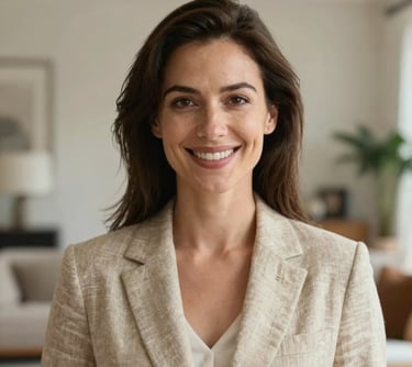 A warm professional headshot of a female real estate agent in her late 30s with a welcoming smile, wearing a beige linen blazer. Soft-focus background of an upscale contemporary home interior, elegant and professional, Central European style.