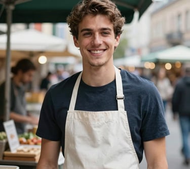 A professional portrait of a young man at a market stall in Berlin, wearing a clean apron. He is smiling warmly. The background shows a blurred city street in Berlin. High-quality photography with natural light.