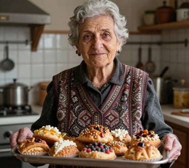 A portrait of an elderly woman, the family matriarch, holding a tray of freshly baked Turkish specialties. She is in a cozy kitchen in Berlin. The image radiates warmth, experience, and tradition.