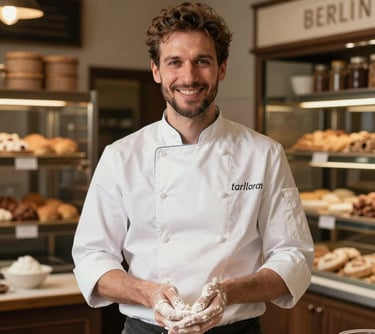 A portrait of a male chef with flour on his hands, smiling confidently. He is standing in a traditional bakery setting in Berlin. The lighting is warm and authentic, emphasizing a trustworthy family business vibe.