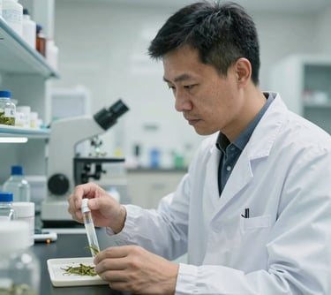 A professional portrait of an East Asian / Chinese man in laboratory attire, focusing on quality control samples in a bright, modern tea laboratory.