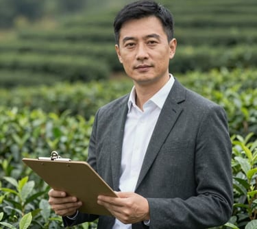 A professional portrait of an East Asian / Chinese man in business-casual attire, holding a clipboard in a lush tea plantation environment.