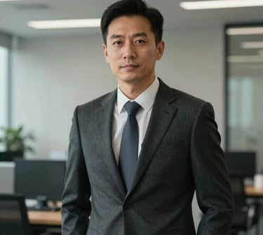 A professional portrait of an East Asian / Chinese man in a dark slate suit, standing in a modern office, looking confident and professional.