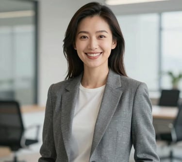 Portrait of a professional woman, the Creative Director, in a bright modern studio. She is smiling and dressed in professional attire with #2C2E3A tones. Soft, high-quality lighting.
