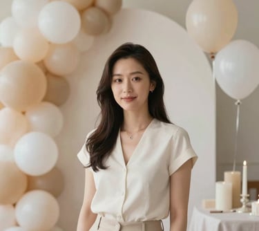 Portrait of a creative stylist surrounded by elegant event decorations and balloon samples in #A7727D and #F8F8F8. She looks approachable and professional.