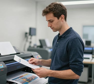 Portrait of a man, an expert in digital printing, standing next to a high-end printer. He is holding a professional print proof, looking focused and skilled.
