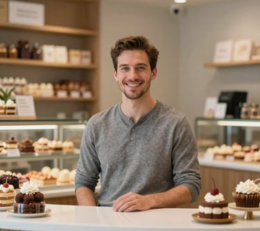 Portrait of a friendly man at a sleek, modern store counter with artisanal sweets in the background. He represents the welcoming spirit of the shop.