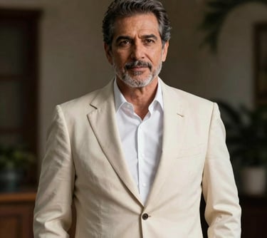 Professional portrait of a refined estate director in a South American setting, wearing an elegant cream-colored blazer. The lighting is soft and directional, creating a mature and trustworthy look.