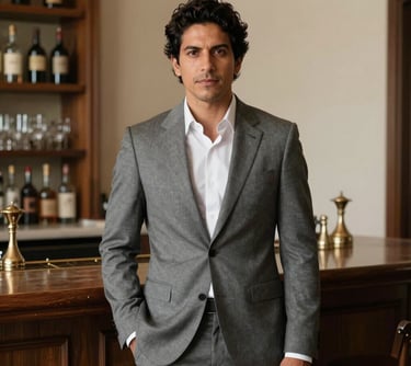 Professional portrait of a curator in an elegant, modern South American bar. The person is dressed in a sophisticated muted slate gray suit, standing against a background of cream-colored walls and dark wood shelves.