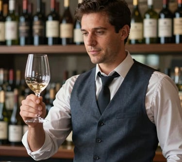 Professional portrait of a sommelier in a sophisticated Brazilian bar, holding a wine glass carefully. They are wearing a dark blue-gray waistcoat, symbolizing craft and attention to detail.
