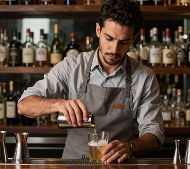 Professional portrait of a mixologist behind a dark wood bar in Brazil. They are focused on their craft, wearing a clean, muted slate gray apron. The lighting highlights the elegance of the professional environment.
