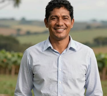 A professional portrait of a South American man in his 30s with a friendly smile, outdoors on a farm. He is wearing a simple, clean button-down shirt. The background is a soft-focus view of the Brazilian countryside.
