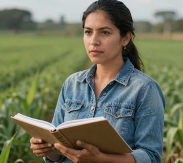 A professional portrait of a South American woman in her 30s, an agronomist, holding a notebook in a green field. She looks focused and professional, representing the scientific innovation behind the cultivation.