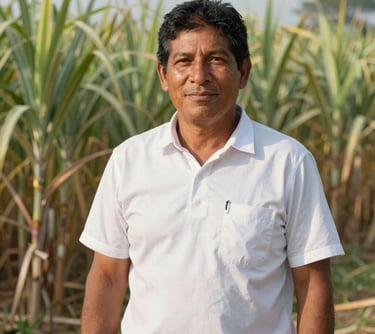 A professional portrait of a South American man in his 40s, wearing clean, high-quality agricultural attire, standing in a sunny sugar cane field. He has a warm and confident expression, representing leadership and dedication. The lighting is natural and bright.