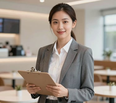 Professional portrait of a female operations manager with a clipboard, standing in a clean, modern canteen environment, #4D6C58 accents, soft professional lighting.