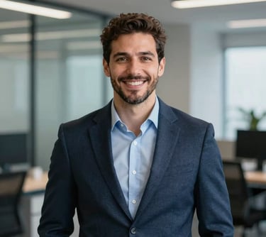 Professional portrait of Vitor Leandro Mazetti, wearing a smart casual blazer, friendly and confident expression, modern office backdrop with #1A2C2A tones.
