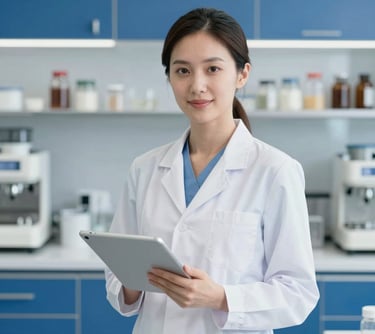 Professional portrait of a female nutritionist in a clean white coat, holding a digital tablet, modern culinary lab background, featuring #AEC1B0 accents.