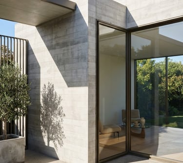 Bright architectural photography of a modern minimalist concrete residence corner, sharp geometric shadows, sun-drenched morning light, 35mm lens, high-end real estate