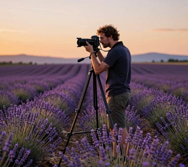 A landscape photographer uses a tripod-mounted DSLR camera to capture a blooming lavender field at sunset.