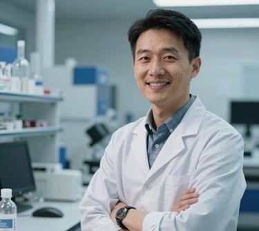 Portrait of an East Asian professional male in business casual attire, smiling confidently in a modern technical laboratory. The lighting is bright and professional with steel blue accents in the background.