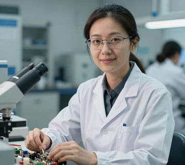 Portrait of an East Asian professional woman wearing glasses and an engineering lab coat, working in a clean electronics testing facility. She is looking at the camera with a friendly, expert expression.