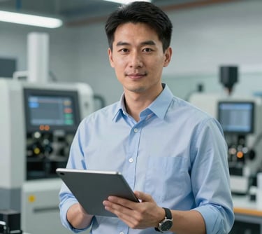 Portrait of an East Asian male engineer in a light blue shirt, holding a digital tablet in a modern workshop with high-tech machinery visible in the background. Professional and reliable demeanor.