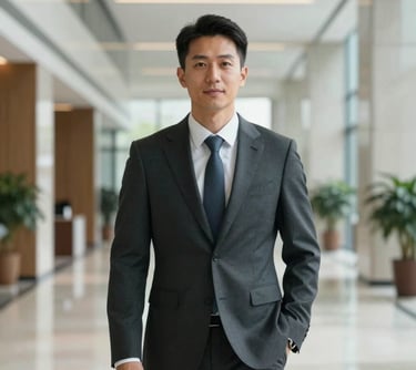 Portrait of a professional East Asian man in a sharp business suit, standing in a clean, high-ceilinged modern office lobby in Shenzhen. Soft natural light, professional atmosphere.
