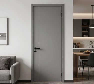 Modern minimalist grey pvc film coated interior door with black handle in a contemporary living room