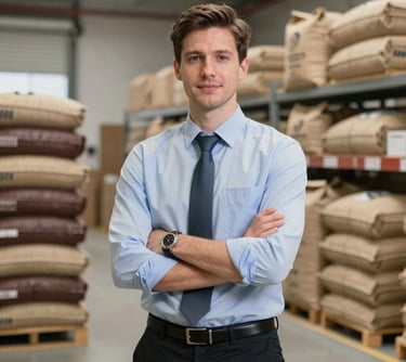 A professional portrait of a logistics manager in a clean, modern coffee storage facility. The atmosphere is professional and organized, with bags of coffee stacked neatly. Colors include natural jute and dark browns (#2A1A10).
