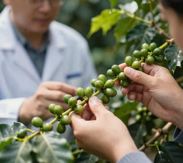 A technical professional in a field examining a coffee branch with green berries. The focus is on the precision and health of the plant. Sunlight highlights the vibrant greens and the professional process.