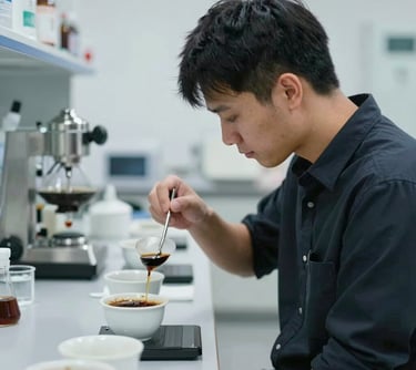 A professional coffee taster (cupping) in a clean, modern lab setting. The person is focused on the sensory analysis. Stainless steel equipment and porcelain cups create a professional and scientific atmosphere.