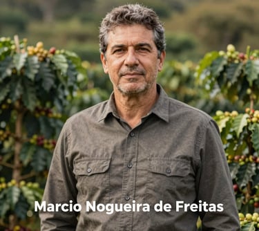 A sophisticated portrait of Marcio Nogueira de Freitas standing in front of his coffee farm. He looks confident and experienced, wearing professional field attire. The background is a soft blur of coffee plants. Warm, trustworthy lighting.