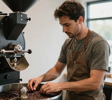 A North American man in a stylish muted brown apron examining coffee beans at a roasting station. The lighting is natural and clear, emphasizing a modern and professional coffee production environment.