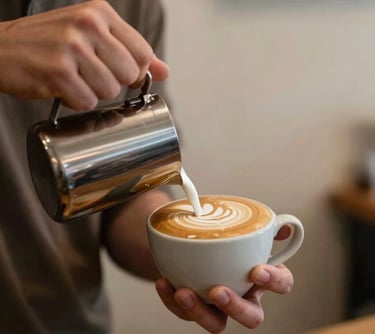 Action shot of a talented barista's hands pouring steamed milk into a ceramic cup to create elegant heart-shaped latte art, set against a background of muted brown and light beige cafe textures.