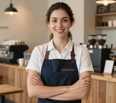 Portrait of a friendly North American female cafe manager standing confidently in a modern coffee shop with warm wood textures and cream colored walls, reflecting a welcoming and professional atmosphere.